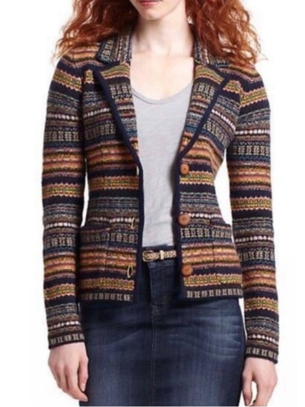 Anthropologie Sparrow Fair Isle Stripes 100% Lambswool Blazer Jacket Cardigan M